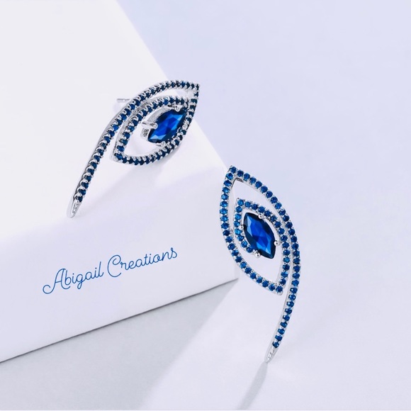 Elegant Blue Cubic Zirconia Stud Earrings • Evil Eye 🧿 Silver Plated Earrings - Picture 3 of 4